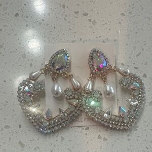 Sparkling Crystal & Pearl Heart Drop Earrings - Iridescent